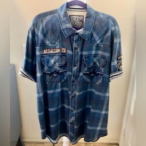 Affliction Men's Blue Plaid Button Down Shirt w/Many Details